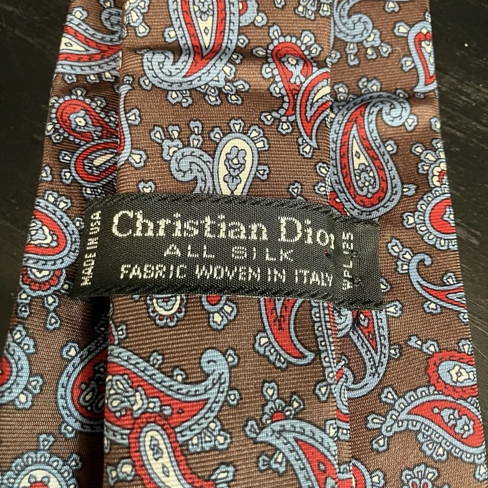 Christian Dior All Silk Paisley Necktie Brown Red Blue Made in Italy Luxury Tie